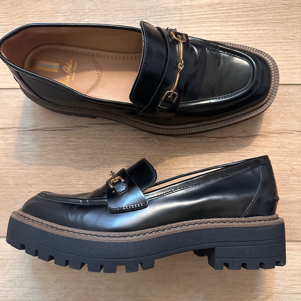 Sam Edelman Black Leather Lug Sole Loafers with Gold Hardware